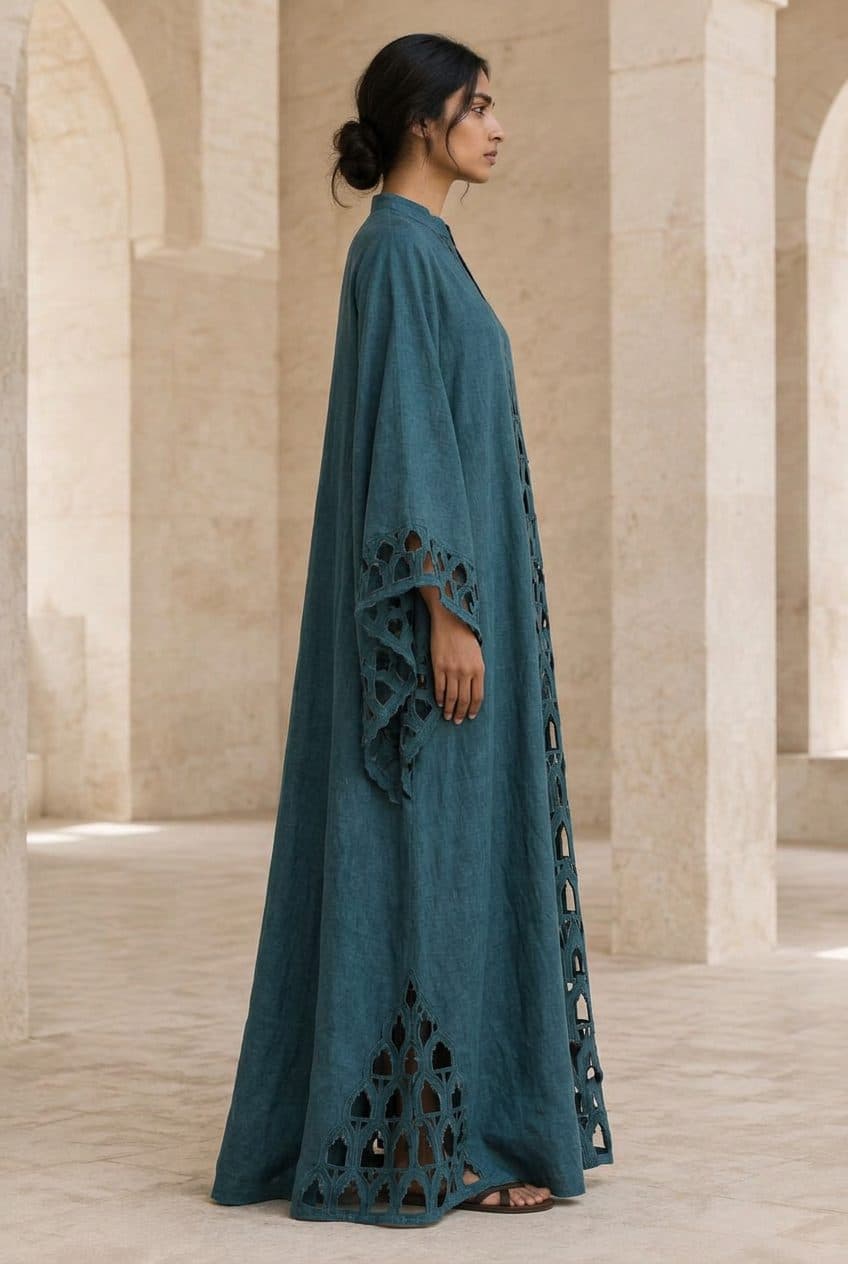 Moorish Muqarnas Cutwork Caftan in Petroleum Teal, worn