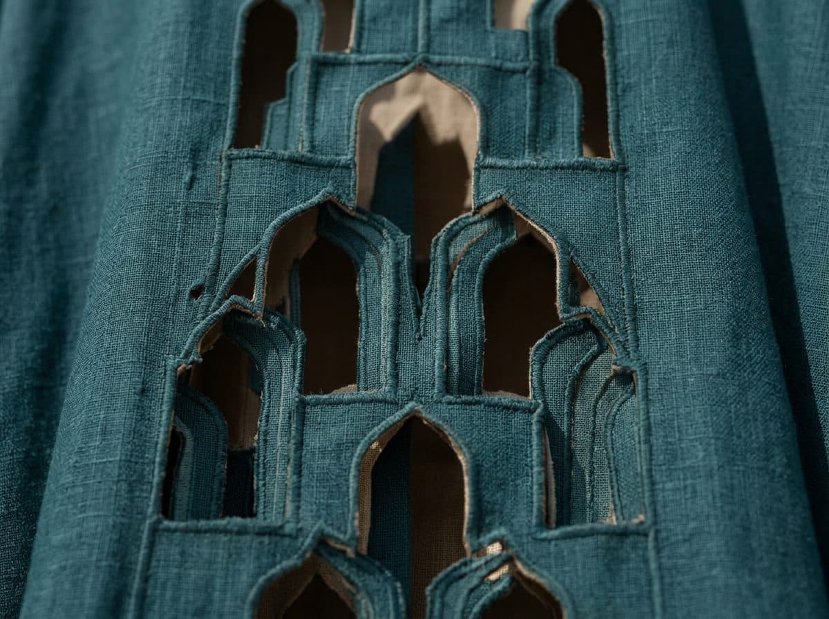 Detail of the cloth and cutwork used for Moorish Muqarnas Cutwork Caftan