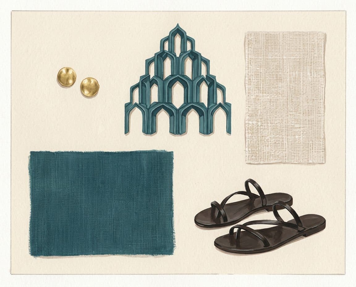 Fabric, colour and trim palette for Moorish Muqarnas Cutwork Caftan