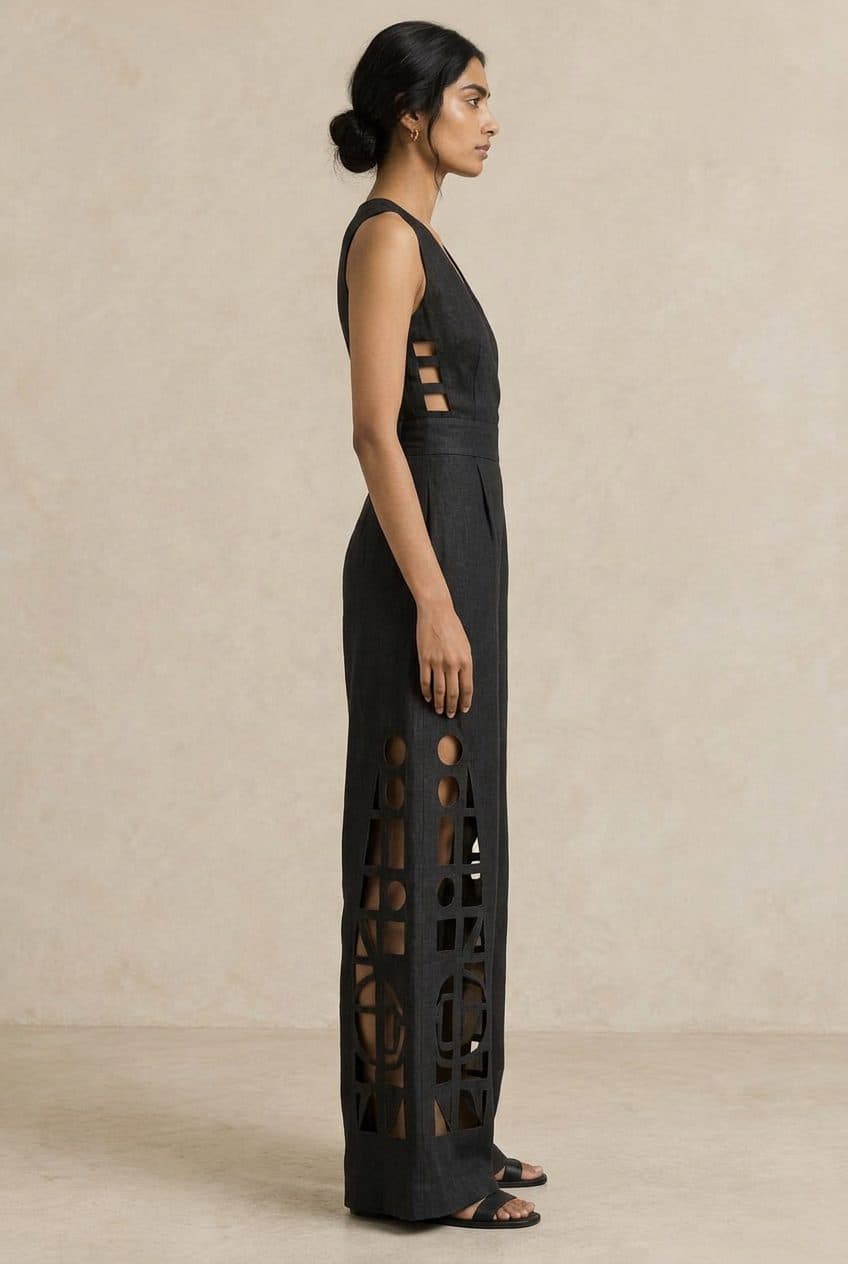 Bauhaus Grid Cutwork Jumpsuit in Washed Onyx Black & Sand Beige, worn