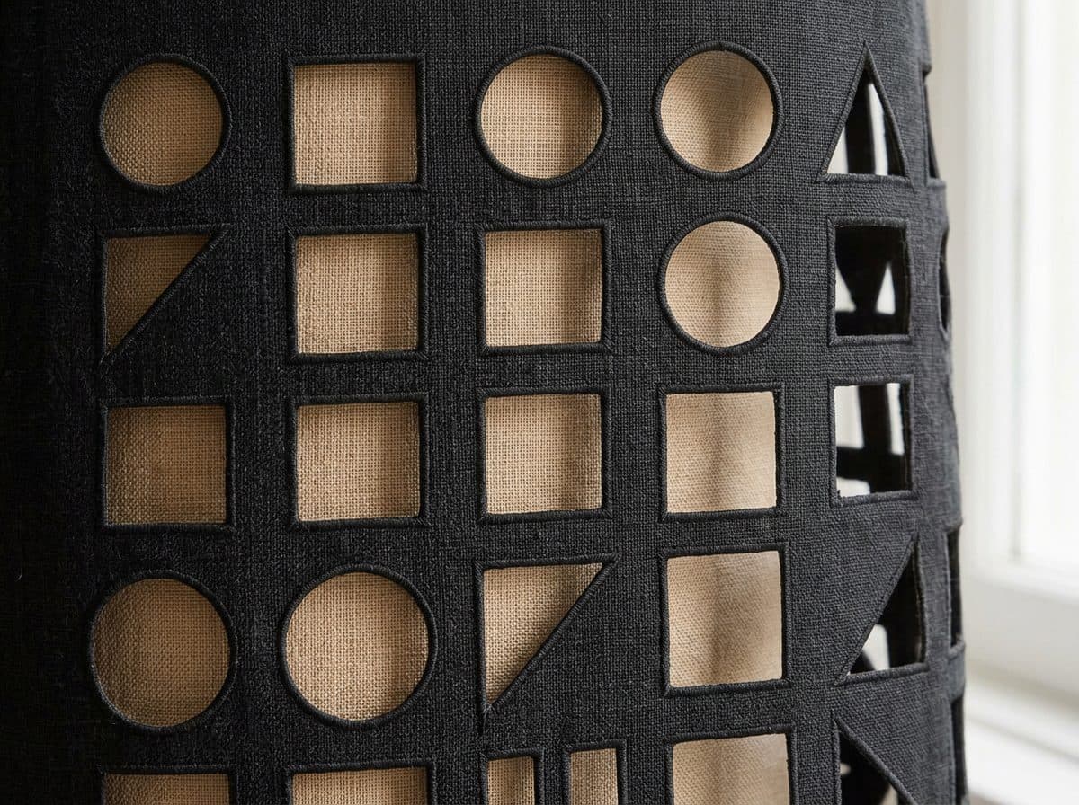 Detail of the cloth and cutwork used for Bauhaus Grid Cutwork Jumpsuit