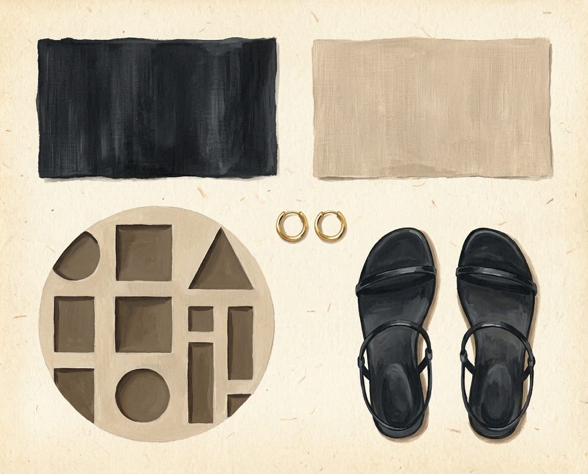 Fabric, colour and trim palette for Bauhaus Grid Cutwork Jumpsuit