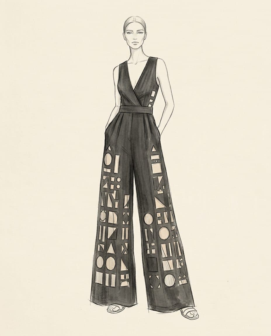 Bauhaus Grid Cutwork Jumpsuit — original design sketch