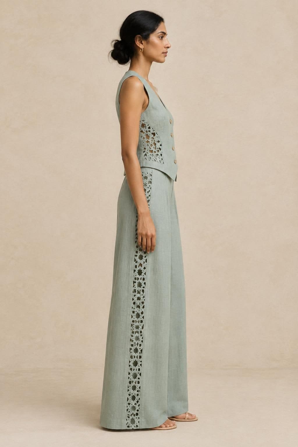 Linen Waistcoat & Palazzo Set in Seafoam Green, worn