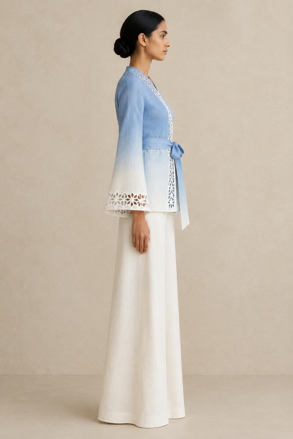 Girih Cutwork Ombré Wrap in Sky Blue Ombré, worn