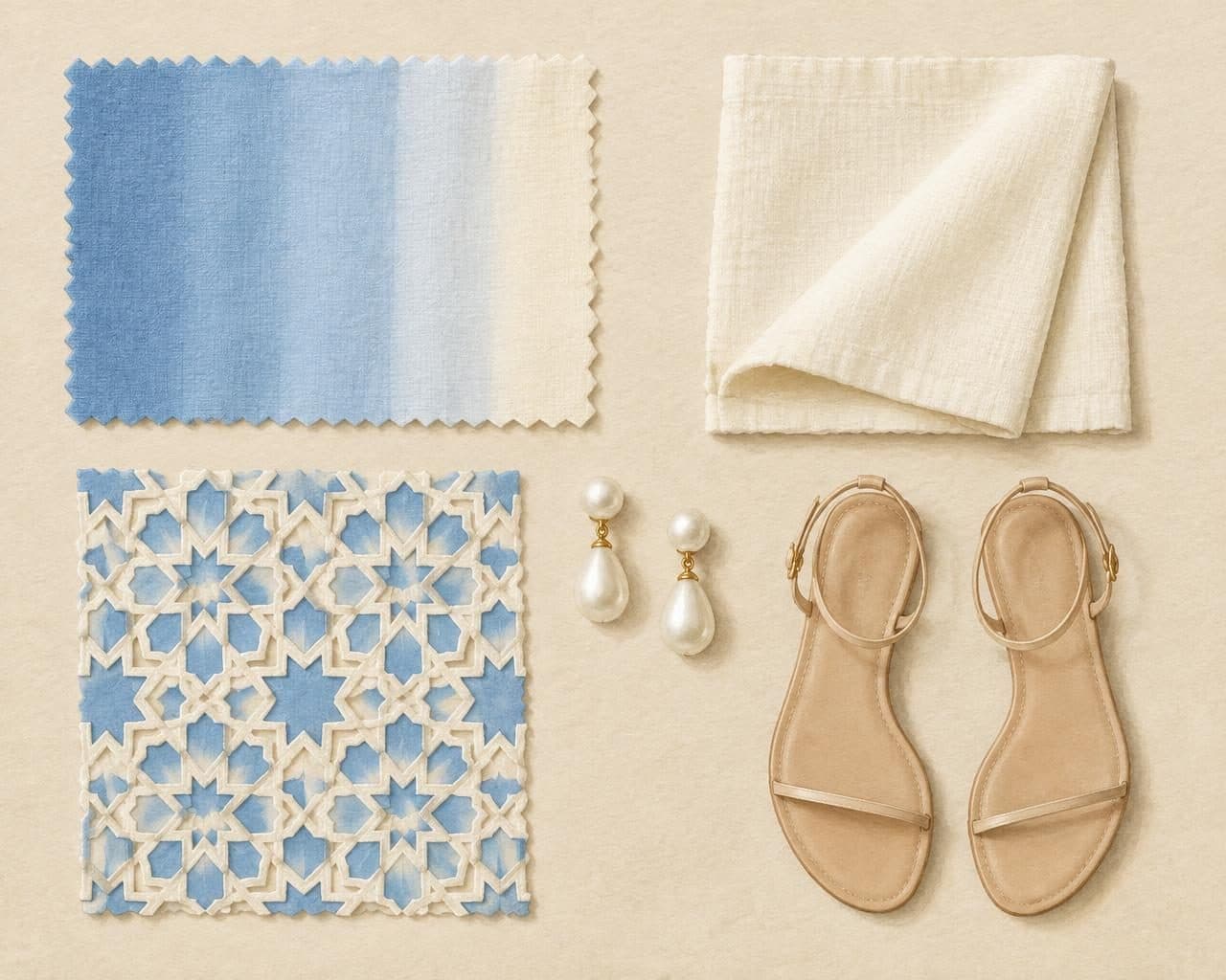 Fabric, colour and trim palette for Girih Cutwork Ombré Wrap
